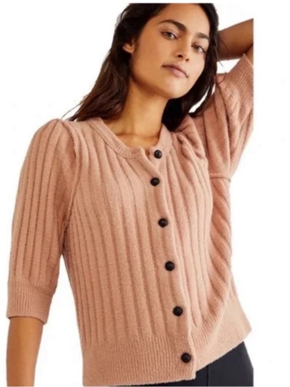 Free People Sloane Cardigan Ribbed Puff 3/4 Sleeve Cafe Cream Size L